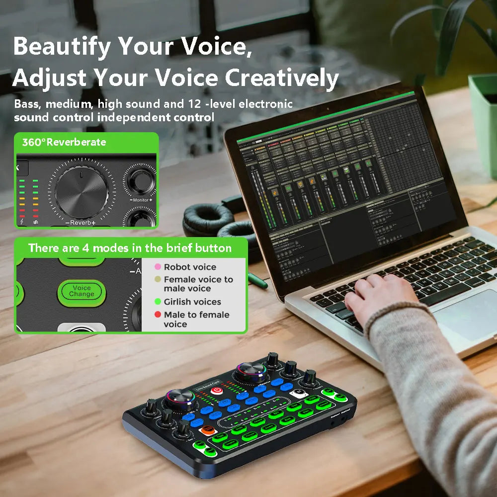 Voice Changer Sound Card with Multiple Sound Effects Sound Mixer Board X60 Sound Card for Live Streaming Music Recording