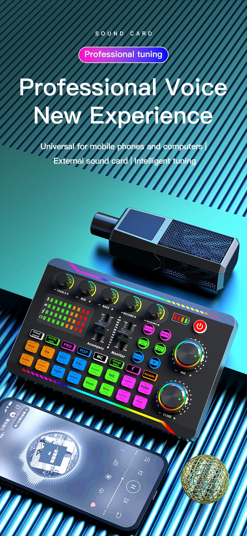 Gaming Audio Mixer Streaming Mixer with Audio Interface BT Sound Board Voice Changer Sound Card,for PC Phone Live Streaming