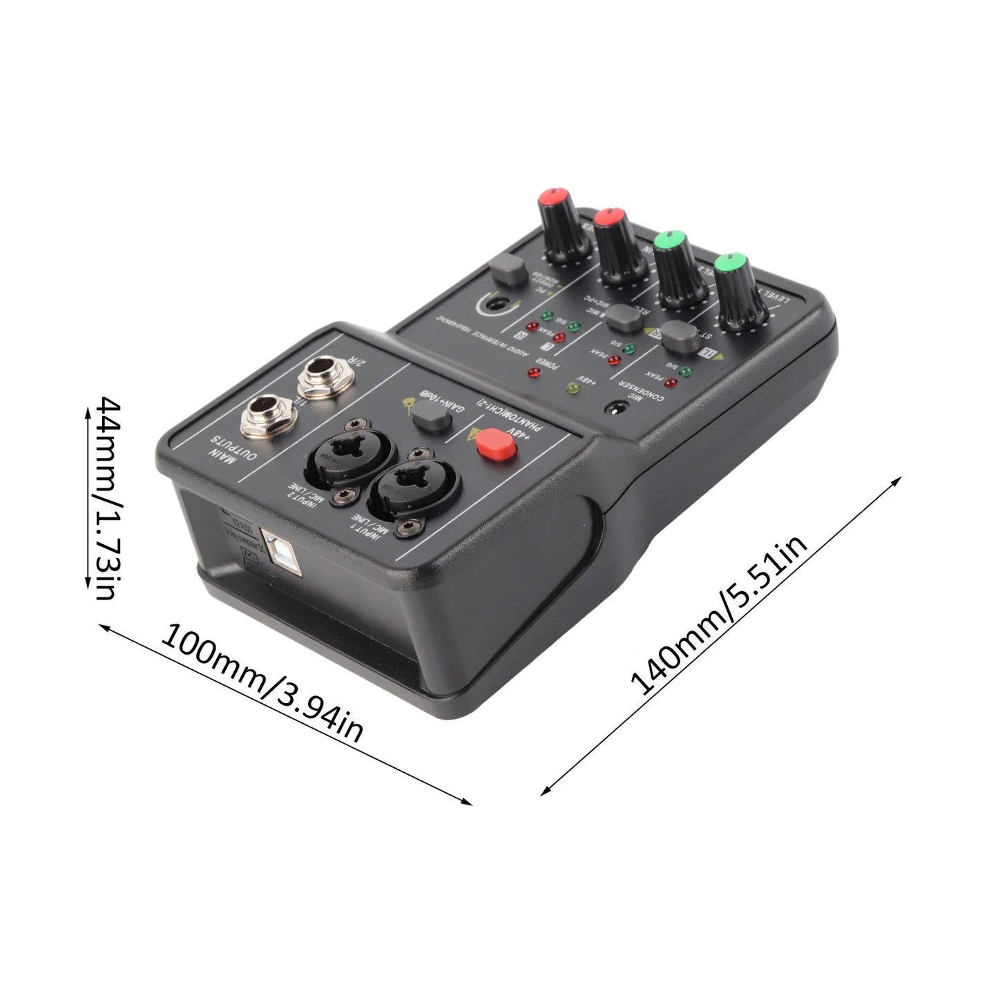 Audio Mixer Sound Board Portable 2 Channels Audio Mixer 48V Phantom Power USB Power Supply 2 Channels for Music Recording