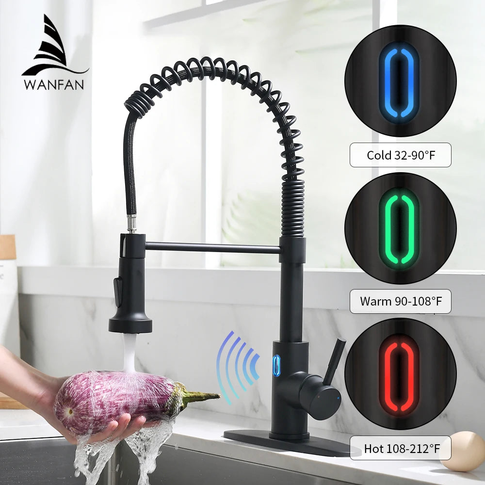 Touchless LED Light Kitchen Sink Faucet Pull Down Sprayer Smart Motion Sensor Activated Kitchen Faucet Matte Black 1079
