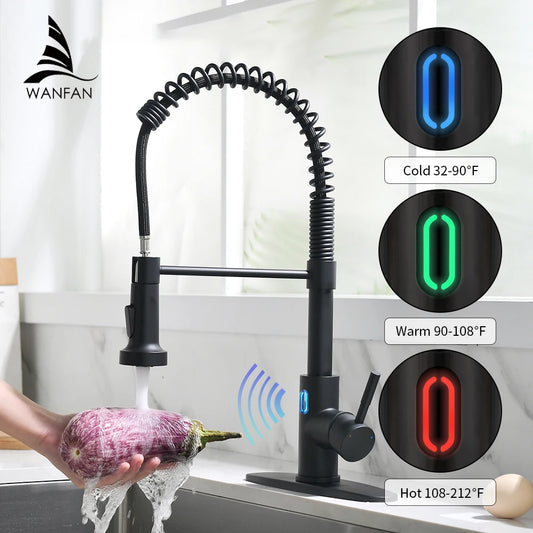 Touchless LED Light Kitchen Sink Faucet Pull Down Sprayer Smart Motion Sensor Activated Kitchen Faucet Matte Black 1079