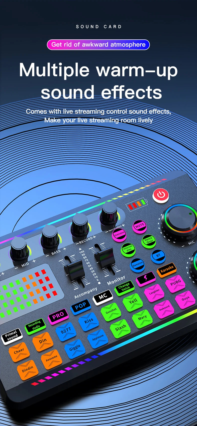 Gaming Audio Mixer Streaming Mixer with Audio Interface BT Sound Board Voice Changer Sound Card,for PC Phone Live Streaming