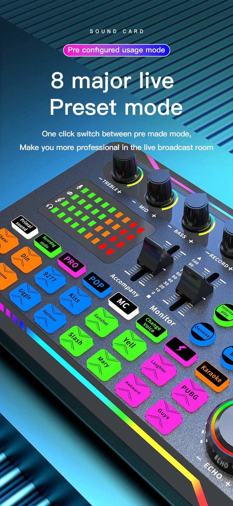 Gaming Audio Mixer Streaming Mixer with Audio Interface BT Sound Board Voice Changer Sound Card,for PC Phone Live Streaming