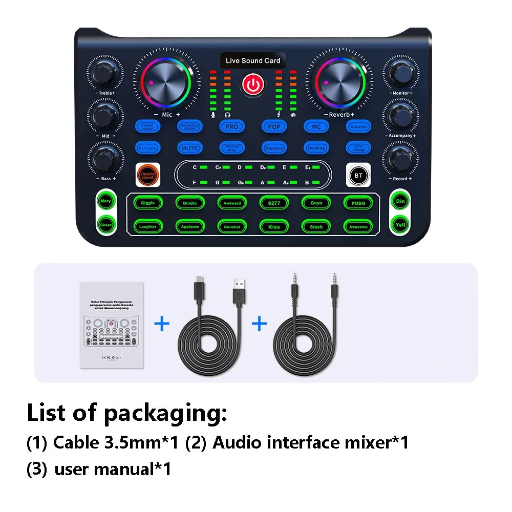 Sound Mixer Board Live Sound Card for Live Streaming Voice Changer Sound Card with Sound Effects,Audio Mixer for Music Recording