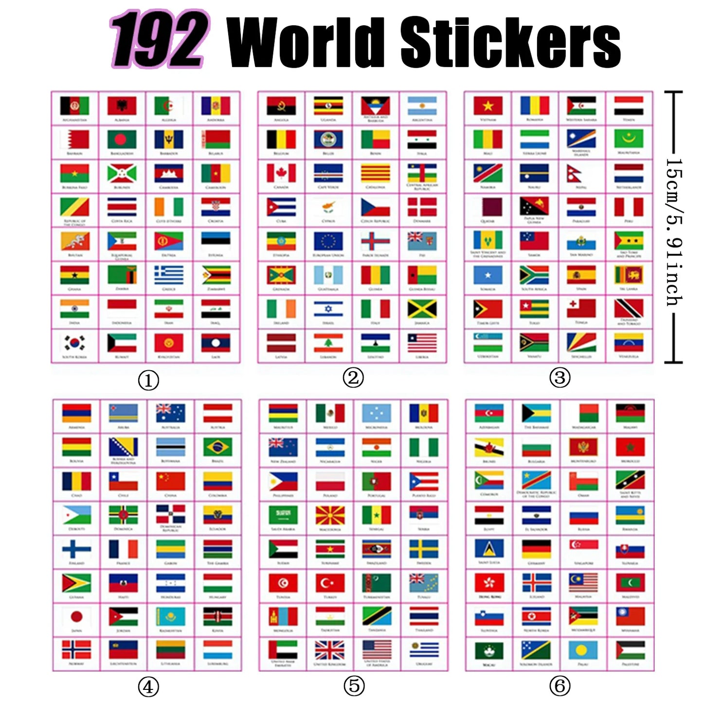 192 Countries World Flag Stickers Self-Adhesive World Country Travel Labels Face Stickers for Journal Party Passport Stickers