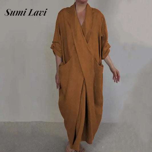 Women Casual Long Sleeve Loose Long Dress Elegant V-neck Pocket Solid Party Dress Fashion Crossover Twisted Pleated Swing Dress