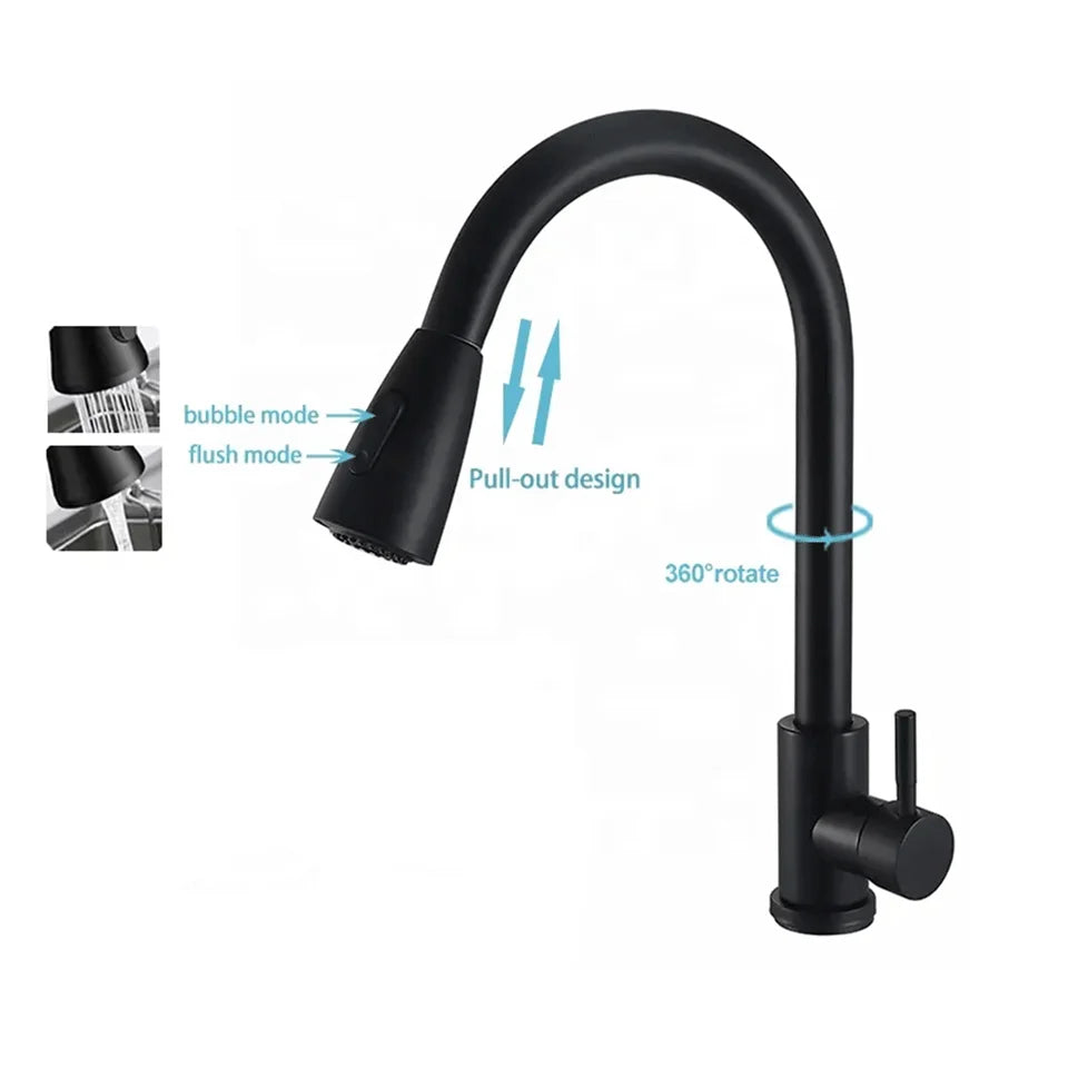 Stainless Steel Lead-Free Environmentally Friendly Kitchen Composite Pull-Out Faucet (Black) With Second Level Water Outlet