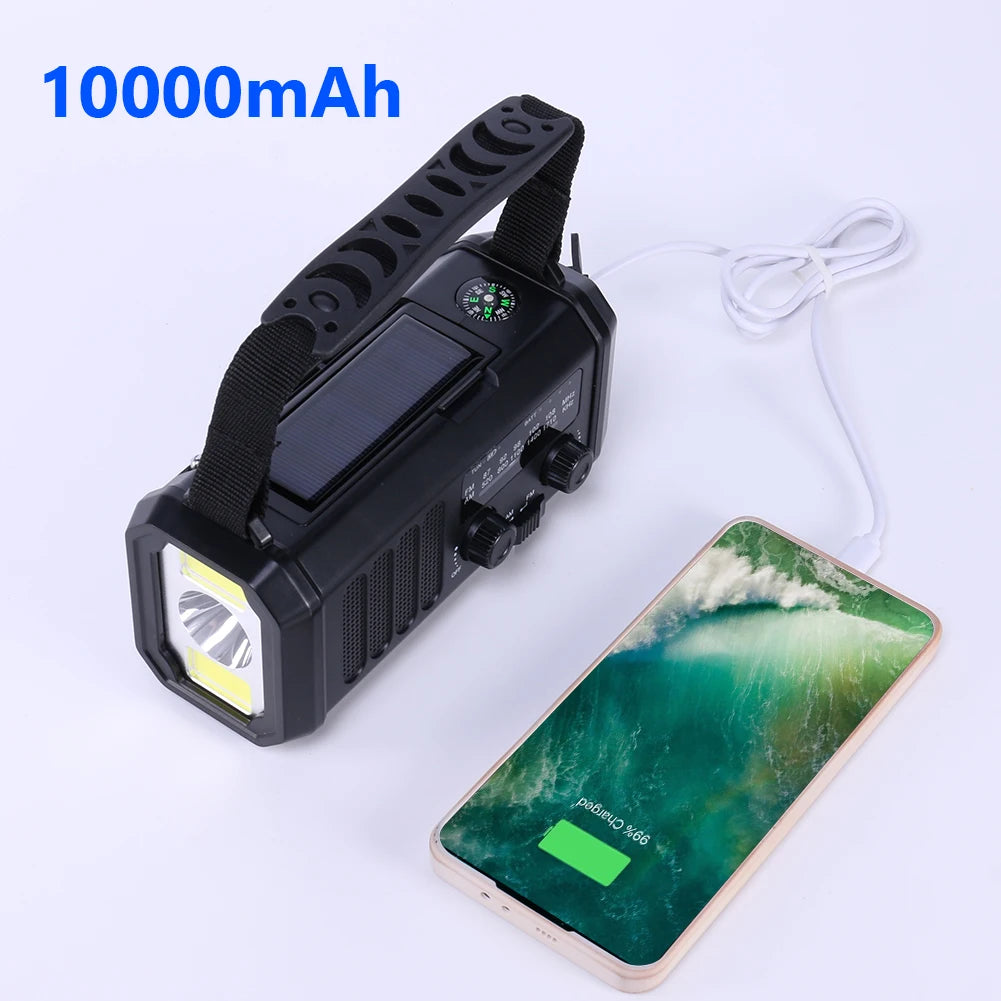 10000mAh Emergency Solar Power Radio USB Charging Hand Crank Dynamo Flashlight FM AM WB NOAA Weather Radio Power Bank