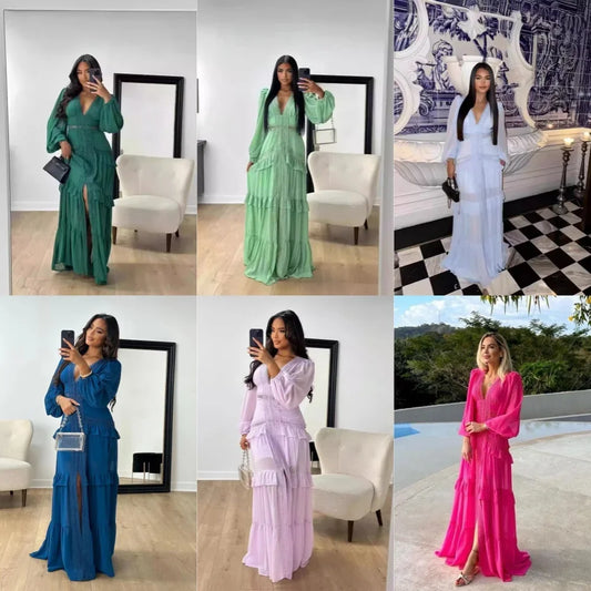 Women Elegant Layered Ruffles Patchwork Long Dress Chic V Neck Puff Full Sleeves Split Maxi Dresses Fashion Lady Party Robes