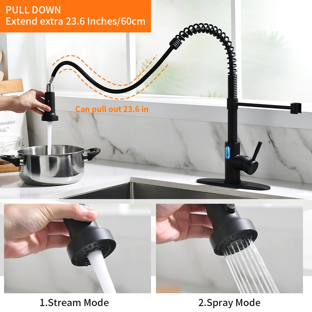 Touchless LED Light Kitchen Sink Faucet Pull Down Sprayer Smart Motion Sensor Activated Kitchen Faucet Matte Black 1079